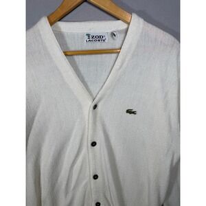 Vintage Izod Lacoste Cardigan Sweater Mens Large White Orlon Acrylic V-Neck 70s